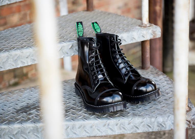 Solovair Svart Hi-shine 8-øyet Ståltå Derbystøvel Kvinnerh6ll2c301